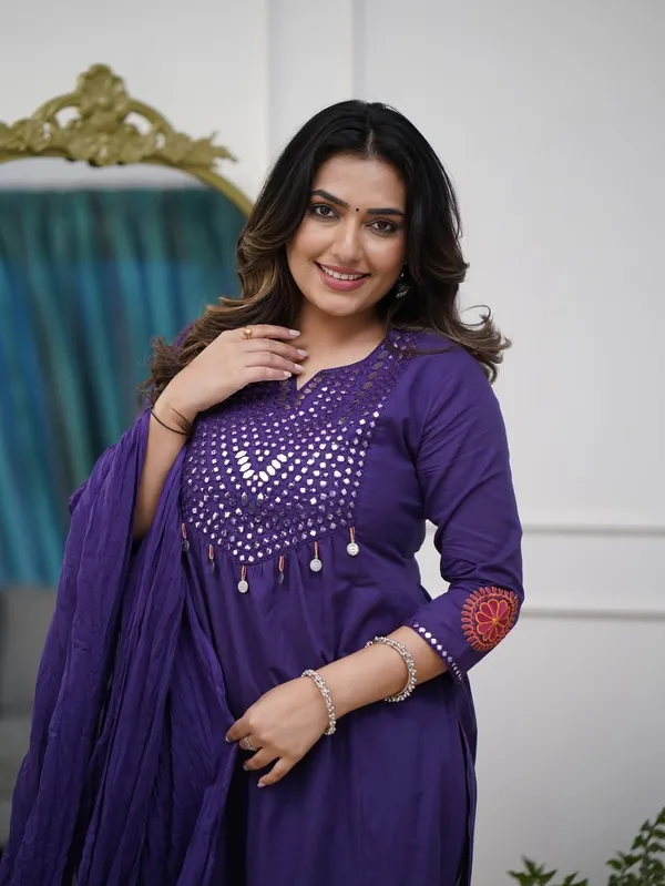 Purple_Flare_Embroidery_Design_Cotton_Slub_Kurta_Pant_with_Dupatta_Set