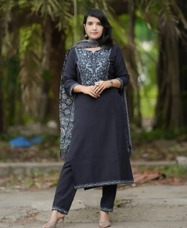Black_Floral__Embroidery_Design_Cotton_Slub_Kurta_Pant_with_Dupatta_Set