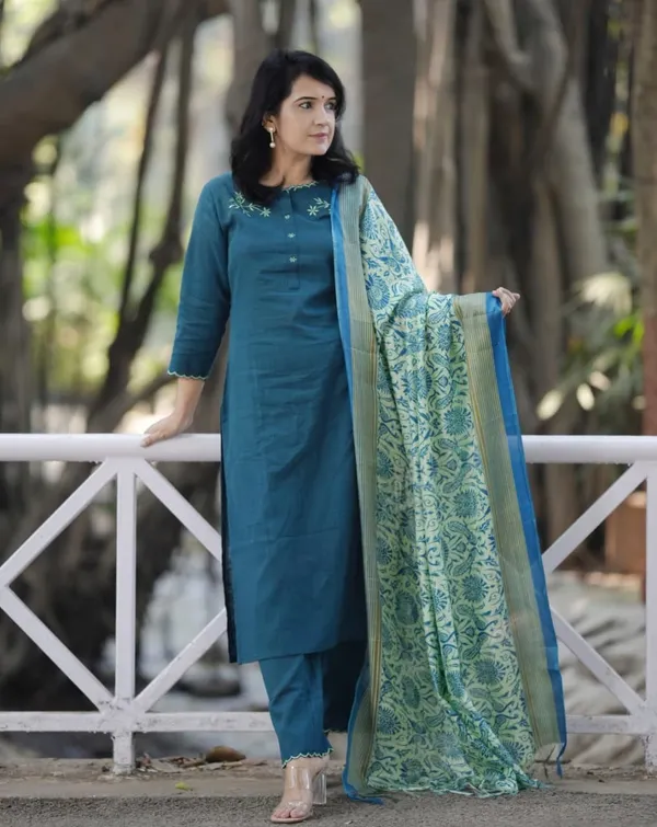 Khadi_Cotton_Embroidered_Set_With_Kurta_Pant_With_Dupatta_Set