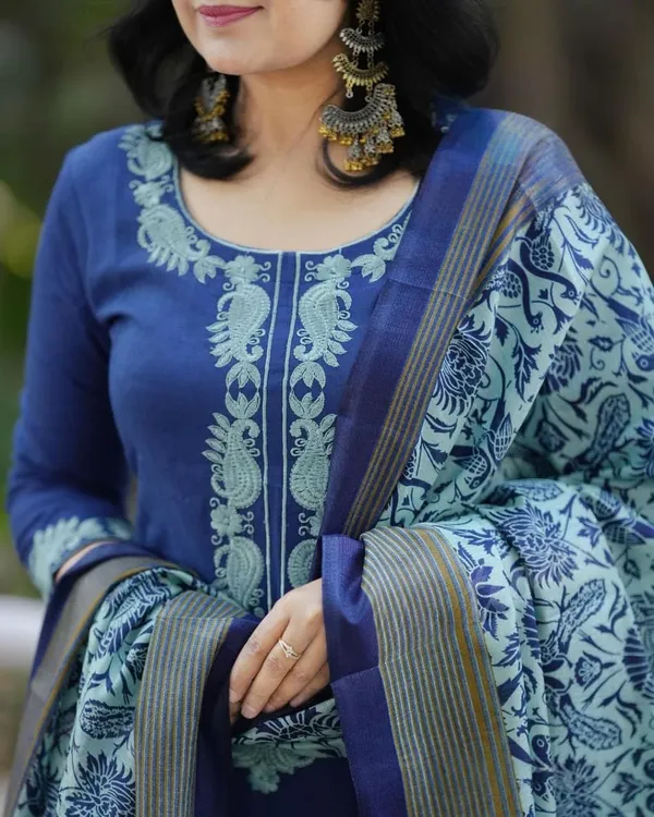Khadi_Cotton_Embroidered_Set_With_Kurta_Pant_With_Dupatta_Set