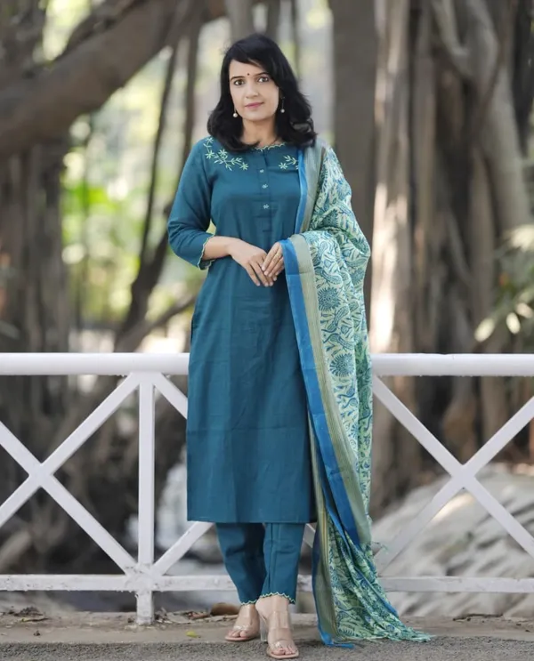 Khadi_Cotton_Embroidered_Set_With_Kurta_Pant_With_Dupatta_Set