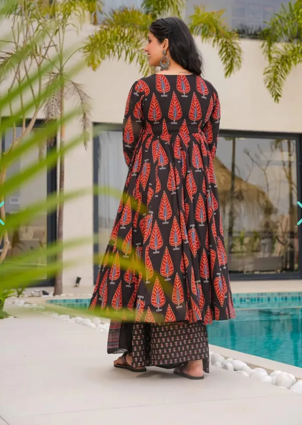 Red_Black_Pure_Cotton_Anarkali_kurta_pant_with_dupatta_set