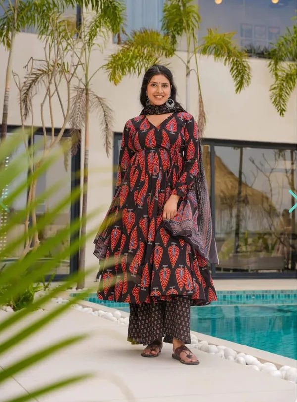 Red_Black_Pure_Cotton_Anarkali_kurta_pant_with_dupatta_set