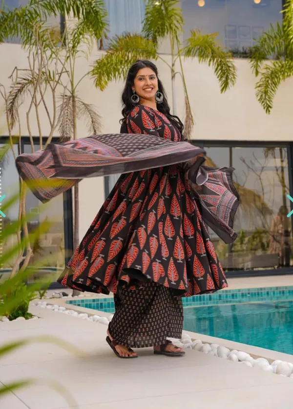 Red_Black_Pure_Cotton_Anarkali_kurta_pant_with_dupatta_set