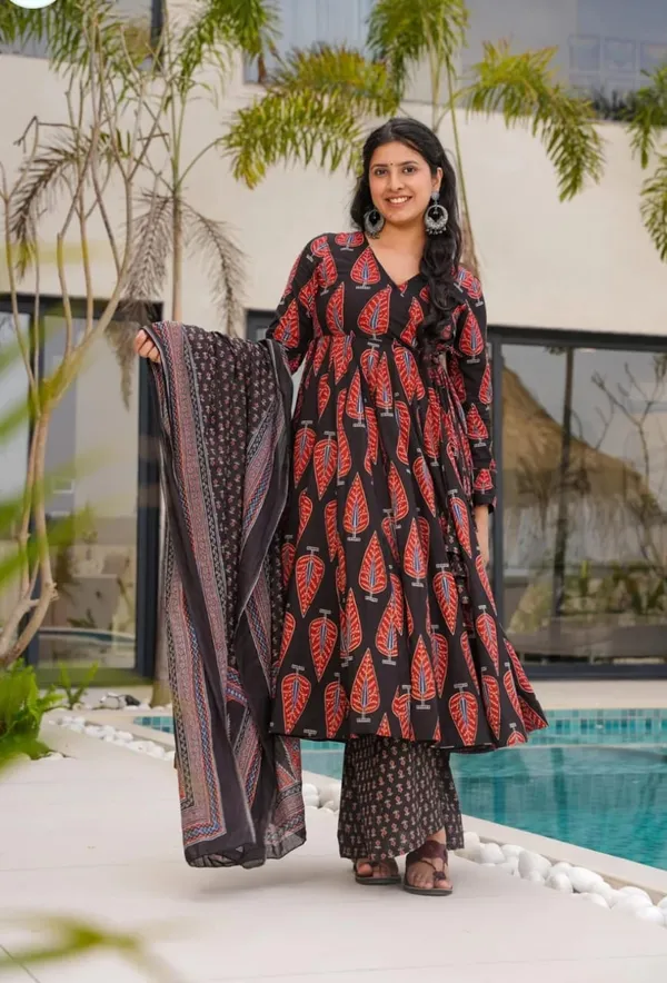 Red_Black_Pure_Cotton_Anarkali_kurta_pant_with_dupatta_set