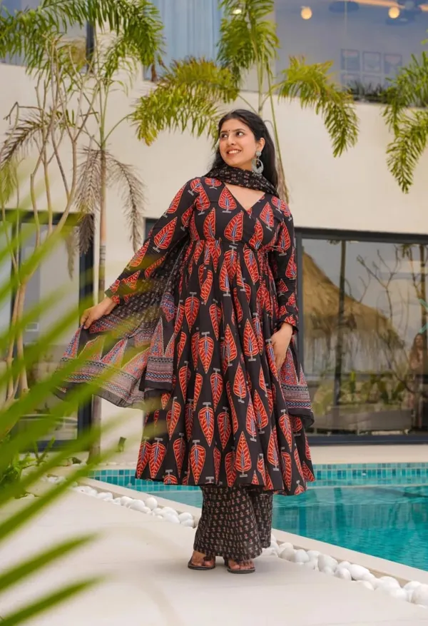 Red_Black_Pure_Cotton_Anarkali_kurta_pant_with_dupatta_set