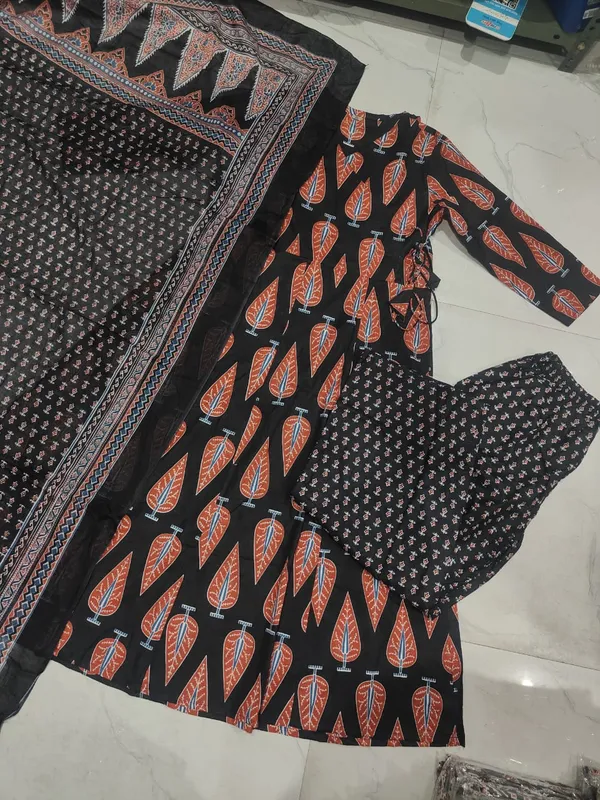 Red_Black_Pure_Cotton_Anarkali_kurta_pant_with_dupatta_set