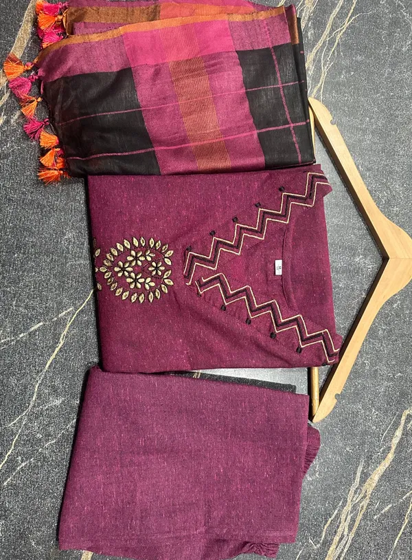 Wine_South_Cotton_Handloom_Kurta_Pant_With_Dupatta_Set_For_Women