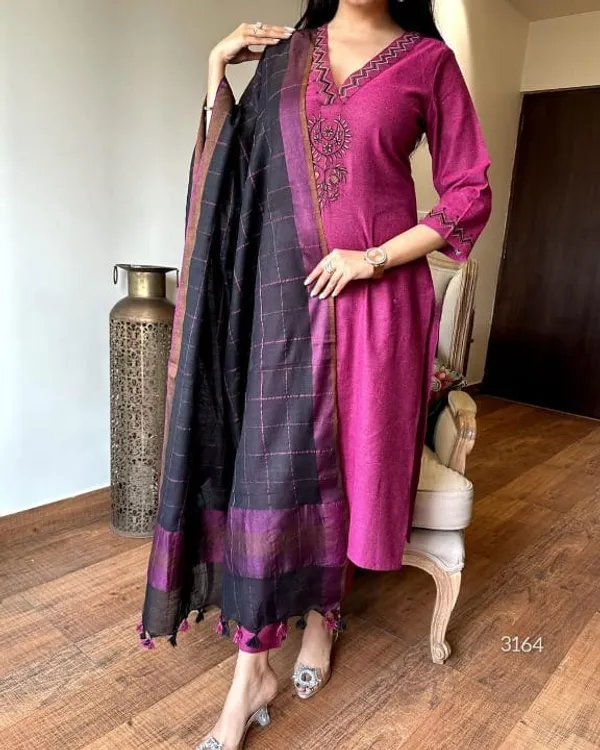 Wine_South_Cotton_Handloom_Kurta_Pant_With_Dupatta_Set_For_Women