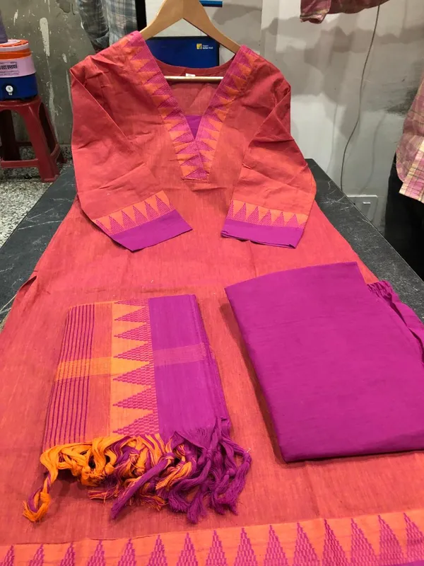 Pink_South_Cotton_Handloom_Kurta_Pant_With_Dupatta_Set_For_Women
