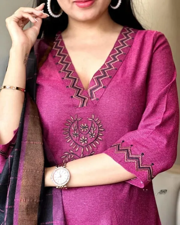 Wine_South_Cotton_Handloom_Kurta_Pant_With_Dupatta_Set_For_Women