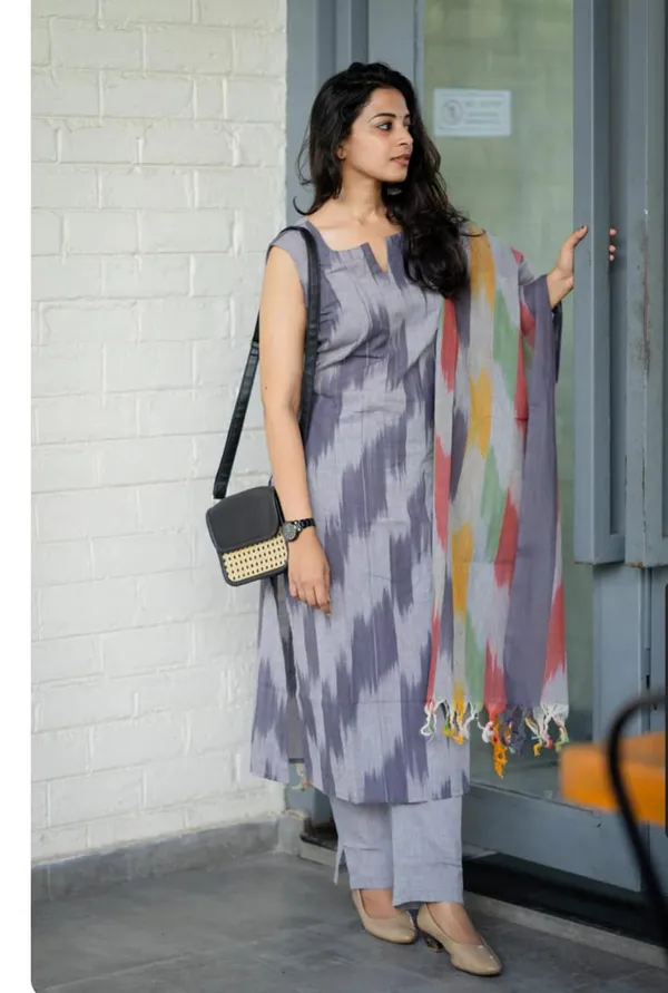 Grey_South_Cotton_Ikkat_Kurta_Pant_With_Dupatta_Set_For_Women