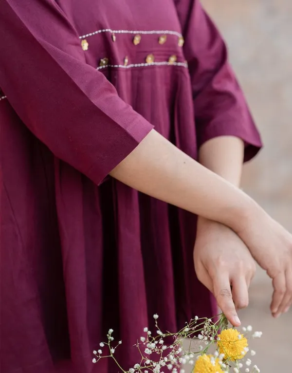 Wine_Cotton_Slub_Handloom_Kurta_With_Pant_Set