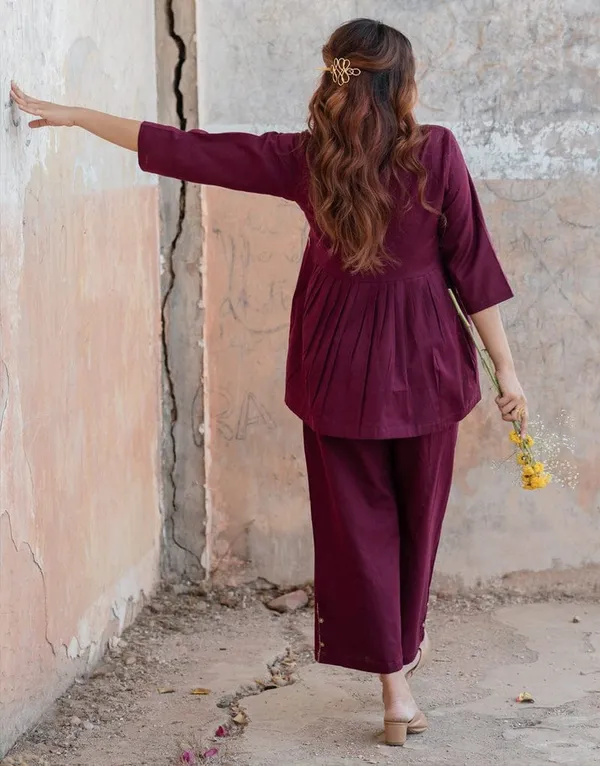 Wine_Cotton_Slub_Handloom_Kurta_With_Pant_Set