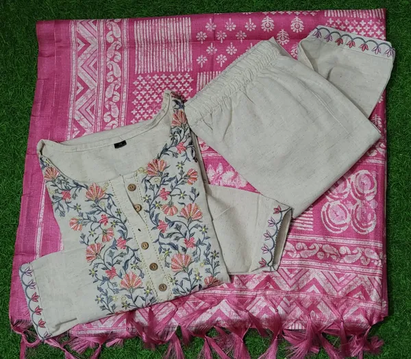Khadi_Cotton_Embroidery_Suit_And_Khadi_Silk_Dupata_Set