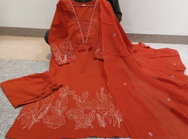 Rust_Orange_Pure_Cotton_Suit_Elevated_with_Fine_Thread_Embroidery_Work_Paired_with_Matching_Pant_and_Dupatta