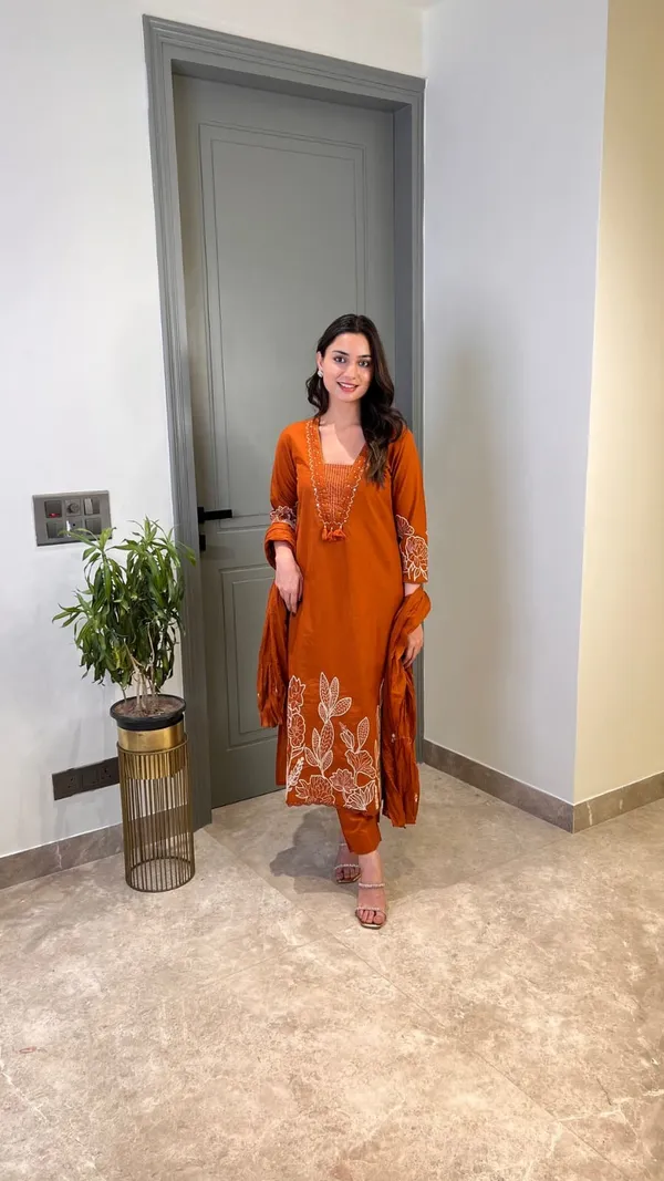 Rust_Orange_Pure_Cotton_Suit_Elevated_with_Fine_Thread_Embroidery_Work_Paired_with_Matching_Pant_and_Dupatta