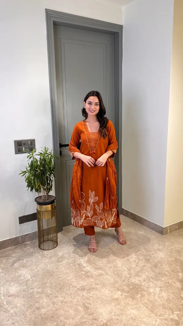 Rust_Orange_Pure_Cotton_Suit_Elevated_with_Fine_Thread_Embroidery_Work_Paired_with_Matching_Pant_and_Dupatta
