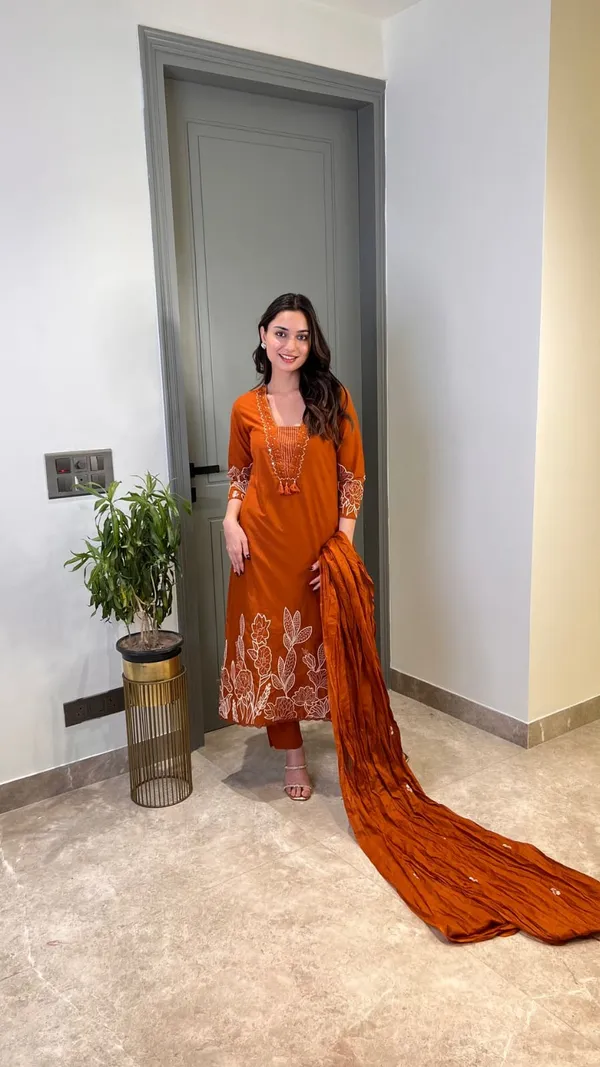 Rust_Orange_Pure_Cotton_Suit_Elevated_with_Fine_Thread_Embroidery_Work_Paired_with_Matching_Pant_and_Dupatta