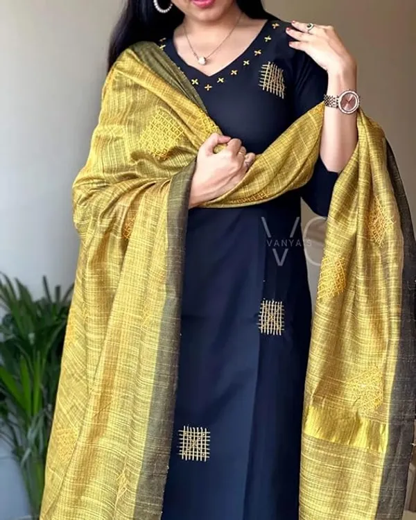 Black_Cotton_Handloom_Kurta_Pant_With_Dupatta_Set_For_Women