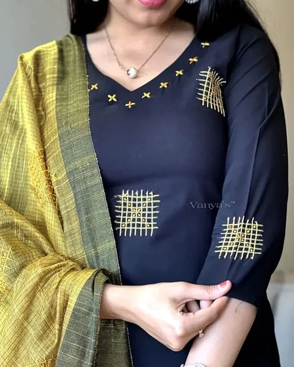 Black_Cotton_Handloom_Kurta_Pant_With_Dupatta_Set_For_Women