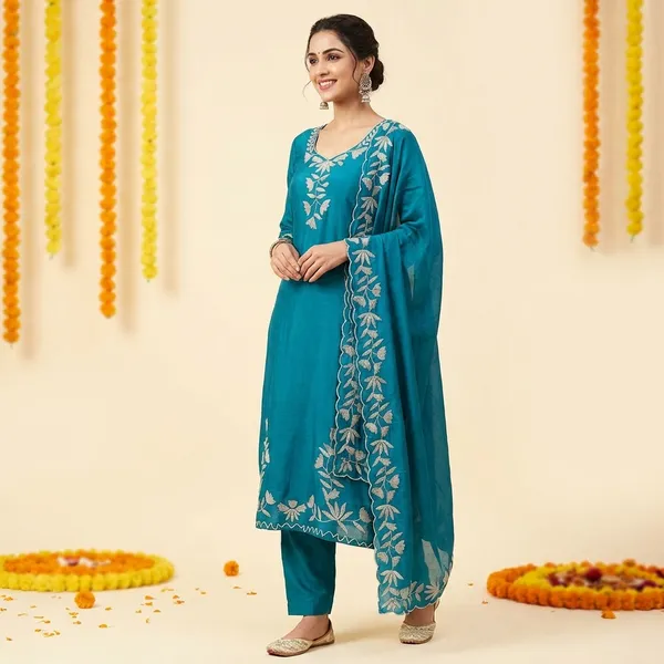 Turquoise_Blue_Premium_Silk_Suit_Set_For_Women