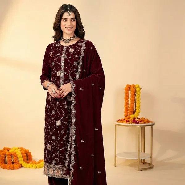 Maroon_Premium_Pure_Makhmal_Suit_Set_For_Women