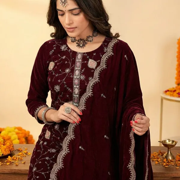 Maroon_Premium_Pure_Makhmal_Suit_Set_For_Women
