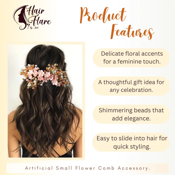 Peach_Artificial_Small_Flower_Comb_Slide_With_Beads_&_Pearls_Bridal_Hairpin_Accessories_For_Women_&_Girls
