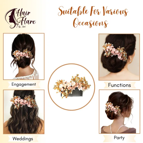 Peach_Artificial_Small_Flower_Comb_Slide_With_Beads_&_Pearls_Bridal_Hairpin_Accessories_For_Women_&_Girls