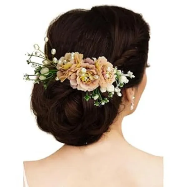 Peach_Artificial_Flower_Hair_Comb_Slide_For_Women_&_Girls