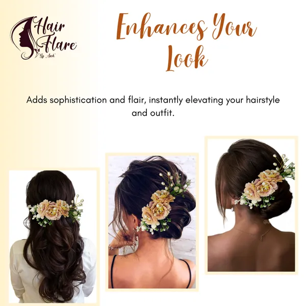 Peach_Artificial_Flower_Hair_Comb_Slide_For_Women_&_Girls