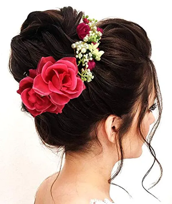 Dark_Pink_Rose_And_Pearl_Gajra_Style_Hair_Pin_For_Girls