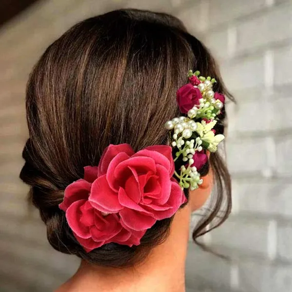 Dark_Pink_Rose_And_Pearl_Gajra_Style_Hair_Pin_For_Girls