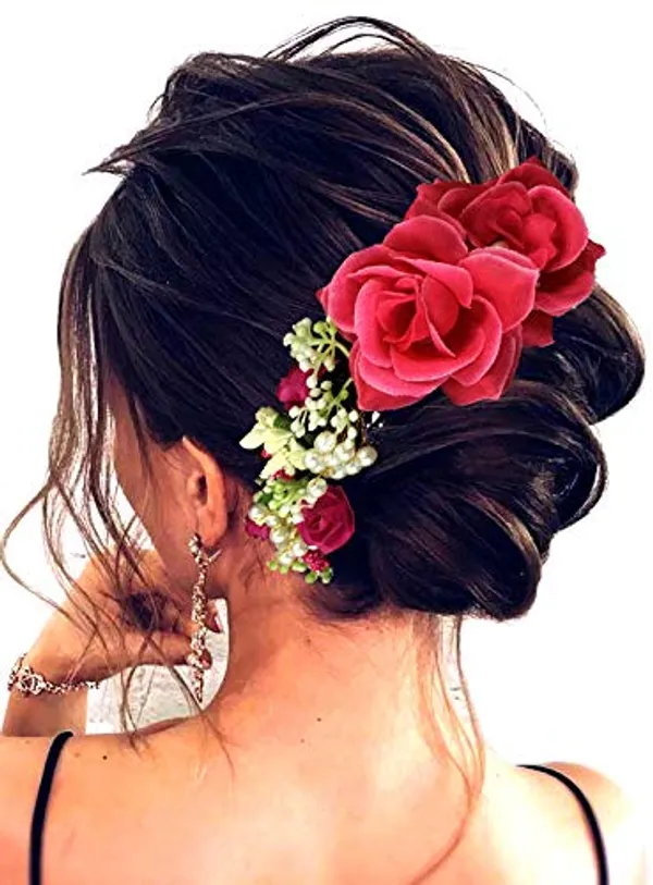 Dark_Pink_Rose_And_Pearl_Gajra_Style_Hair_Pin_For_Girls