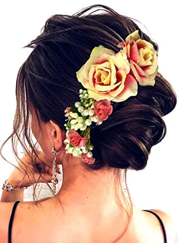 Peach_Rose_And_Pearl_Gajra_Style_Hair_Pin_For_Girls