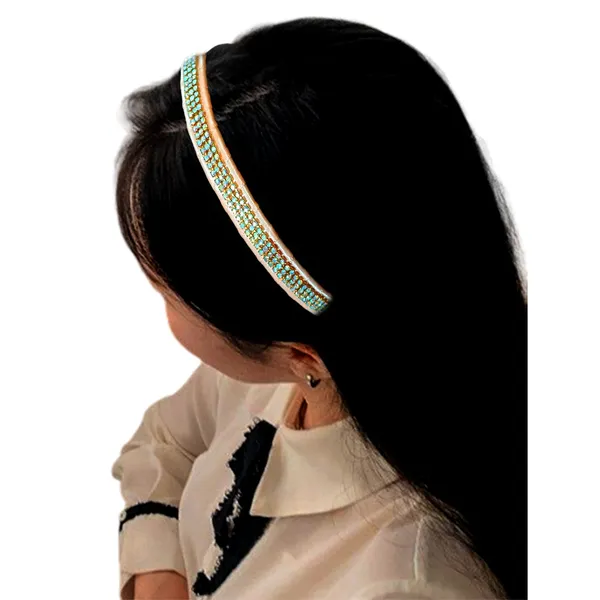 "Elegant_Ribbon-Covered_Hair_Band_with_Crystal_Nag_Chain_Adornment_and_Black_Ribbon_Ends_for_a_Chic,_Stylish_Look"