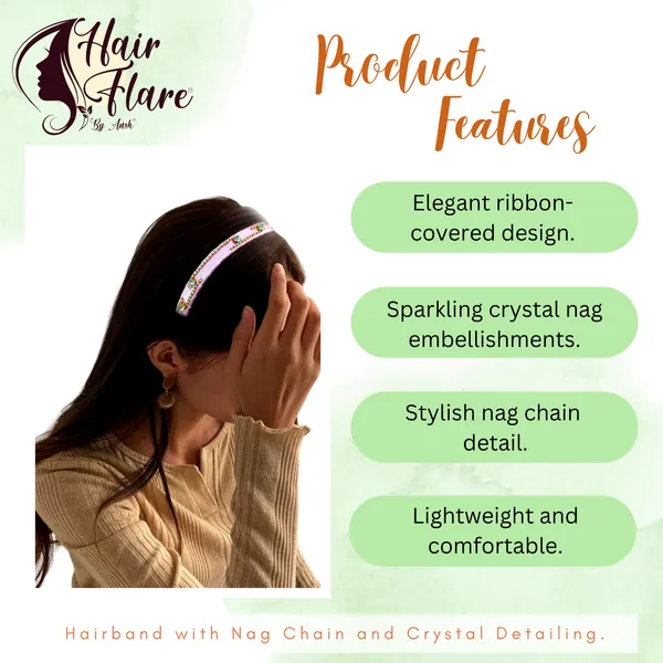 "Elegant_Ribbon-Covered_Hair_Band_with_Crystal_Nag_Chain_Adornment_and_Black_Ribbon_Ends_for_a_Chic,_Stylish_Look"