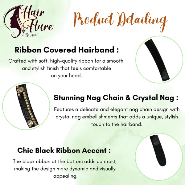 "Elegant_Ribbon-Covered_Hair_Band_with_Crystal_Nag_Chain_Adornment_and_Black_Ribbon_Ends_for_a_Chic,_Stylish_Look"