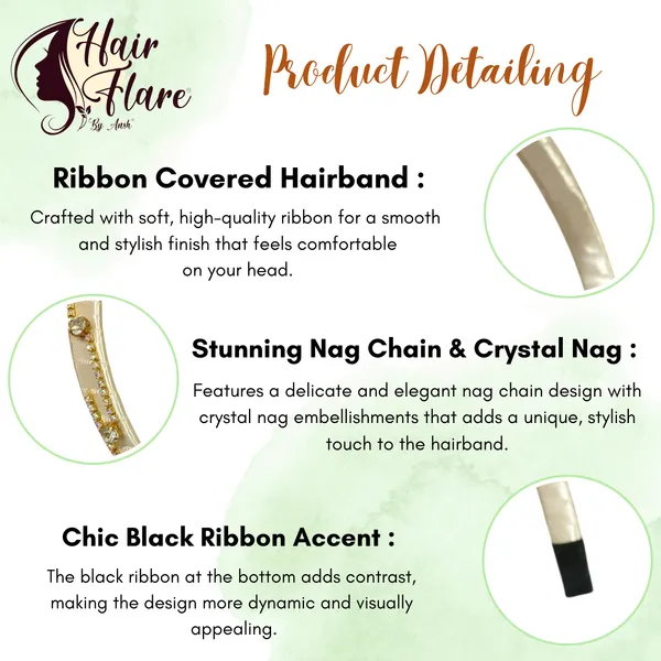 "Elegant_Ribbon-Covered_Hair_Band_with_Crystal_Nag_Chain_Adornment_and_Black_Ribbon_Ends_for_a_Chic,_Stylish_Look"
