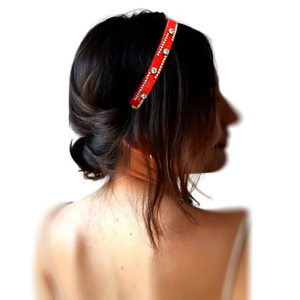 "Elegant_Ribbon-Covered_Hair_Band_with_Crystal_Nag_Chain_Adornment_and_Black_Ribbon_Ends_for_a_Chic,_Stylish_Look"