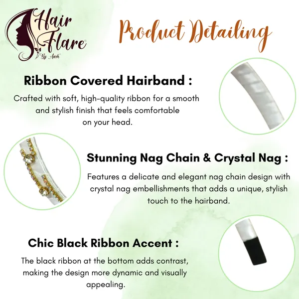 "Elegant_Ribbon-Covered_Hair_Band_with_Crystal_Nag_Chain_Adornment_and_Black_Ribbon_Ends_for_a_Chic,_Stylish_Look"