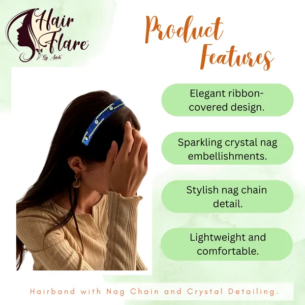 "Elegant_Ribbon-Covered_Hair_Band_with_Crystal_Nag_Chain_Adornment_and_Black_Ribbon_Ends_for_a_Chic,_Stylish_Look"