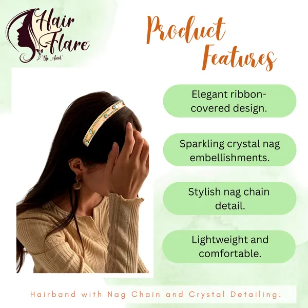 "Elegant_Ribbon-Covered_Hair_Band_with_Crystal_Nag_Chain_Adornment_and_Black_Ribbon_Ends_for_a_Chic,_Stylish_Look"