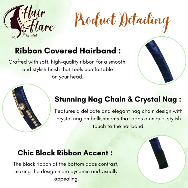 "Elegant_Ribbon-Covered_Hair_Band_with_Crystal_Nag_Chain_Adornment_and_Black_Ribbon_Ends_for_a_Chic,_Stylish_Look"