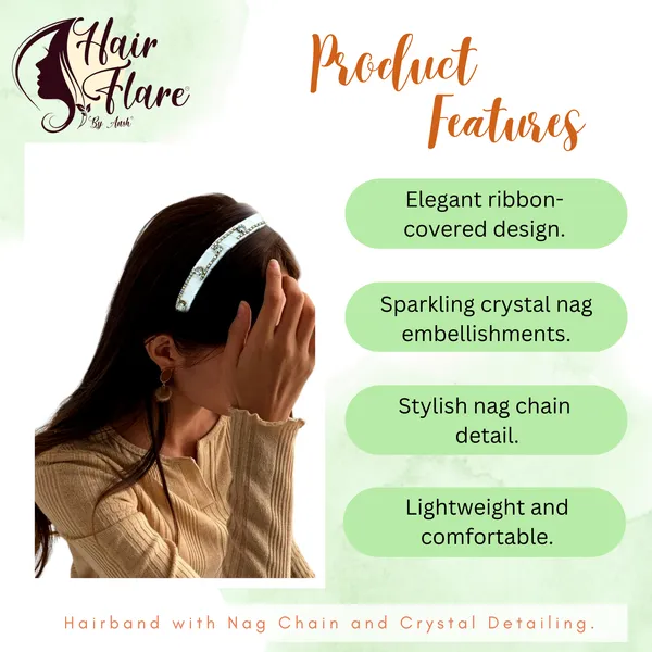 "Elegant_Ribbon-Covered_Hair_Band_with_Crystal_Nag_Chain_Adornment_and_Black_Ribbon_Ends_for_a_Chic,_Stylish_Look"