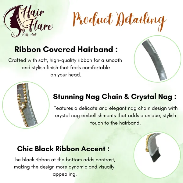 "Elegant_Ribbon-Covered_Hair_Band_with_Crystal_Nag_Chain_Adornment_and_Black_Ribbon_Ends_for_a_Chic,_Stylish_Look"