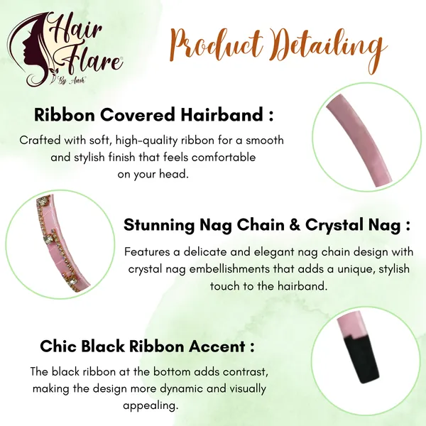 "Elegant_Ribbon-Covered_Hair_Band_with_Crystal_Nag_Chain_Adornment_and_Black_Ribbon_Ends_for_a_Chic,_Stylish_Look"