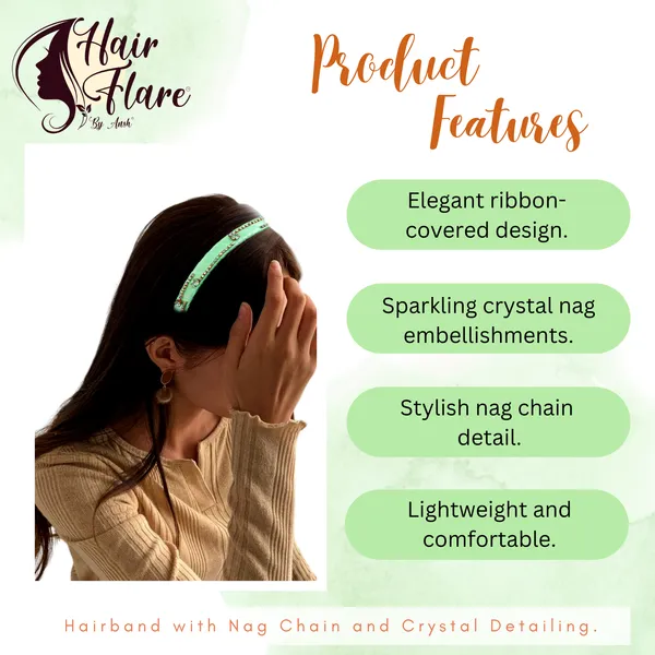 "Elegant_Ribbon-Covered_Hair_Band_with_Crystal_Nag_Chain_Adornment_and_Black_Ribbon_Ends_for_a_Chic,_Stylish_Look"