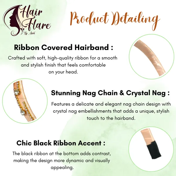 "Elegant_Ribbon-Covered_Hair_Band_with_Crystal_Nag_Chain_Adornment_and_Black_Ribbon_Ends_for_a_Chic,_Stylish_Look"